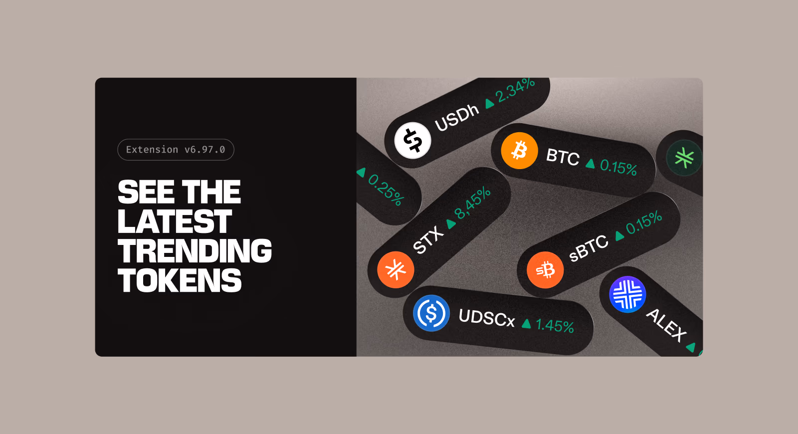 Four ads for the Leather extension taking turns, each a headline beside a piece of the wallet: See the latest trending tokens, Send BTC from Taproot, Get more detail from tokens, and Leather got easier for new accounts