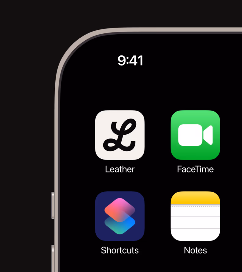 The Leather app icon on an iPhone home screen, beside FaceTime, Shortcuts and Notes