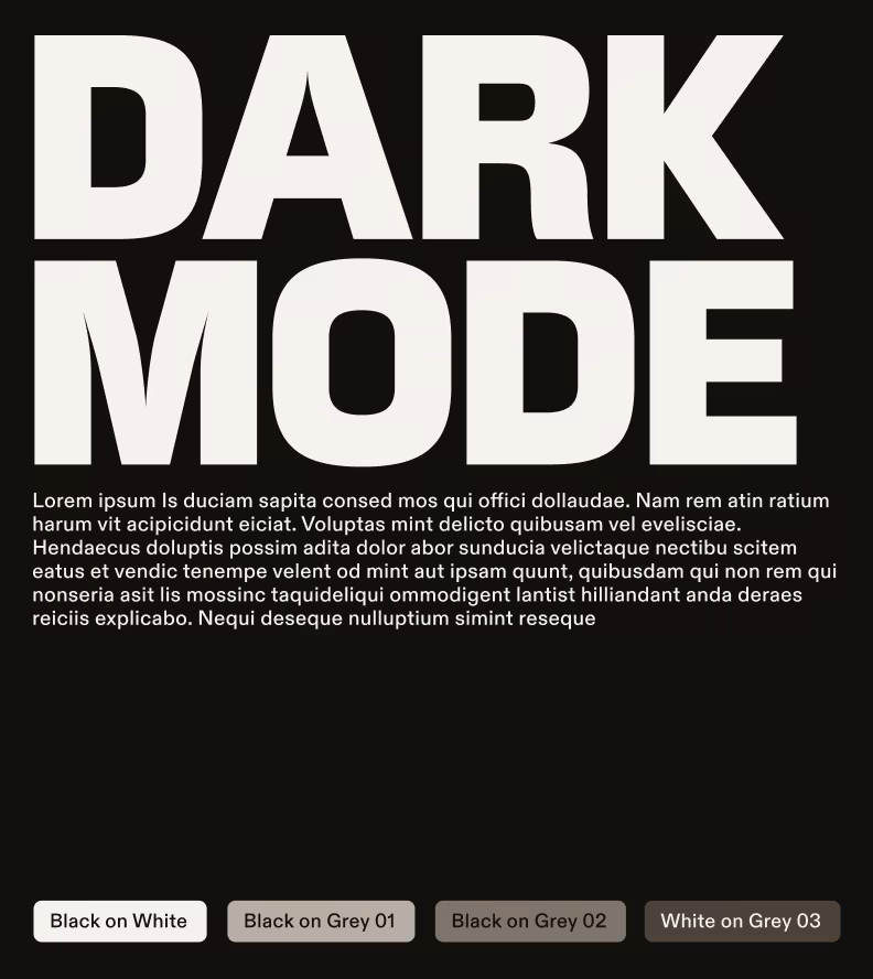 A type specimen with its colour pairings, shown in dark mode and then in light mode