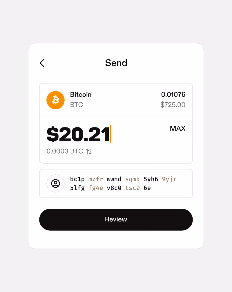Send, with $20.21 of Bitcoin, 0.0003 BTC, entered for a bc1p address, from a balance of 0.01076 BTC, and a Review button