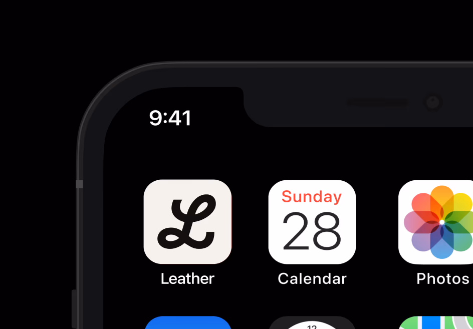 Leather on a phone's home screen, beside Calendar and Photos