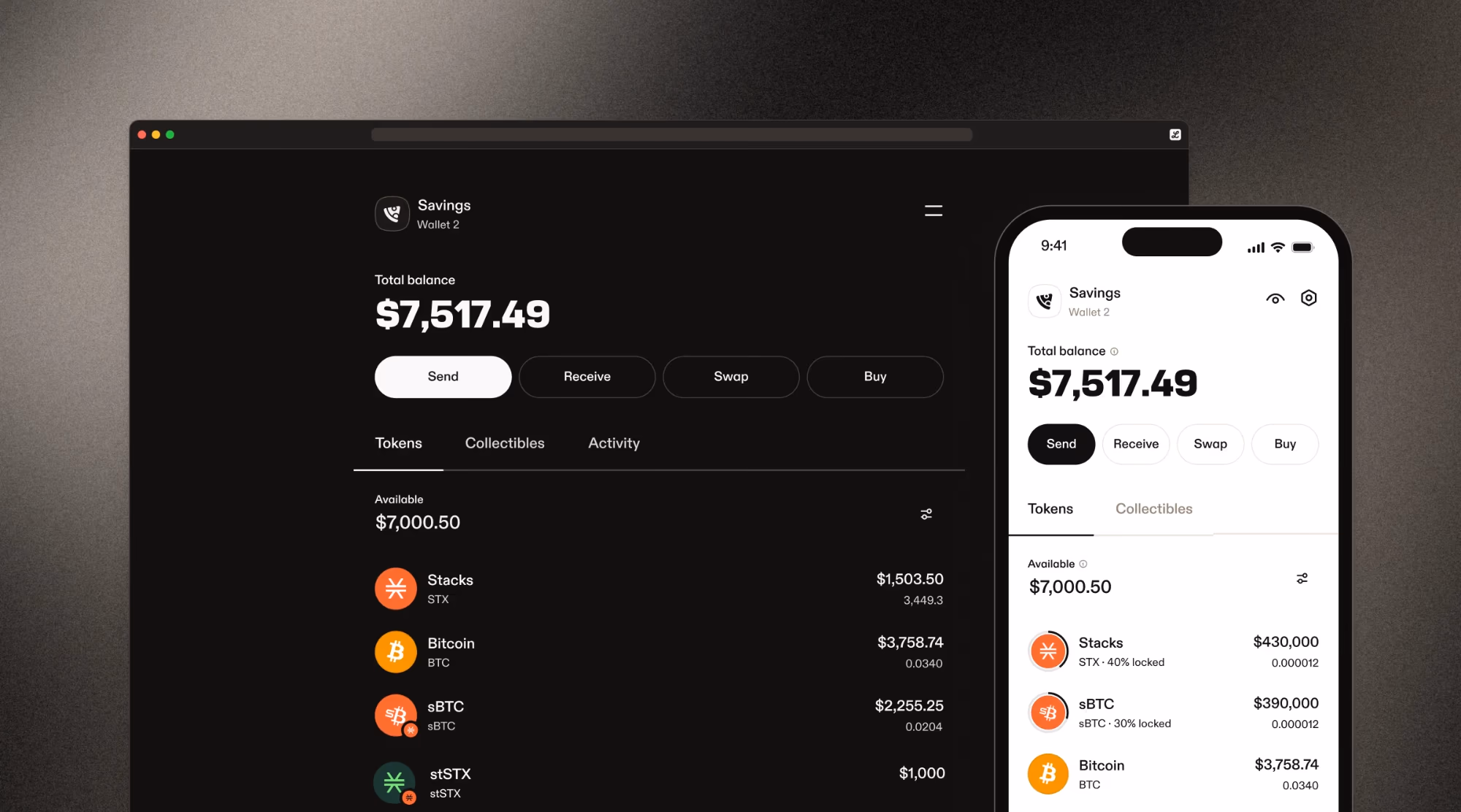 Leather's balance and token list, side by side on desktop and on a phone